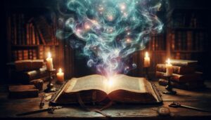 An open book lying on a table with magical smoke and lights swirling from its pages.